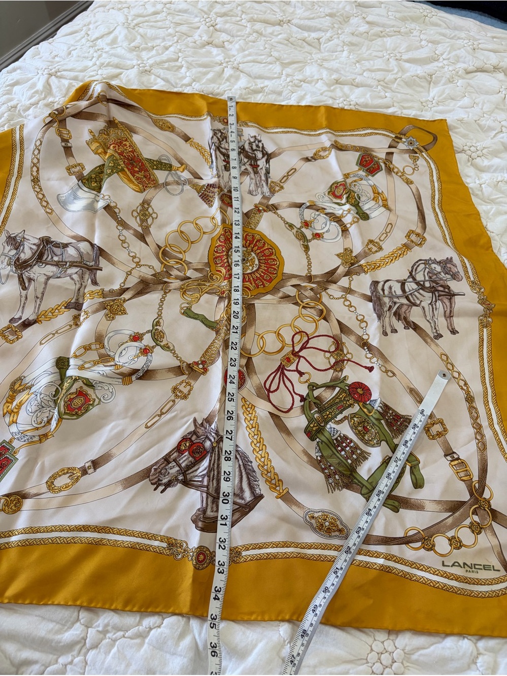 Lancel Paris Vintage Silk Scarf Equestrian Horse Print Mustard Yellow 34"x34"